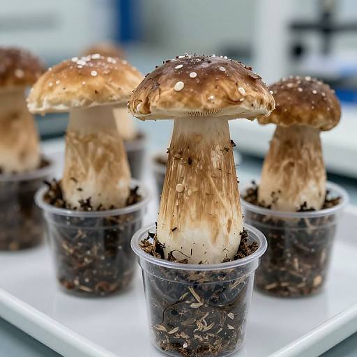 Photograph of four large, brown, water-dropped mushrooms with white stems in transparent plastic cups, on a white illuminated tray.