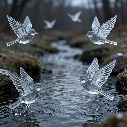 Photograph of transparent, glass-like birds with detailed wing patterns flying over a flowing stream, creating ripples in the water.