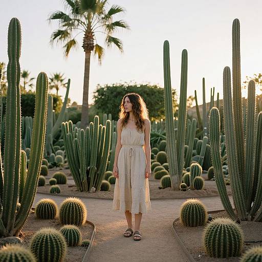 Woman in Desert Garden at Sunrise