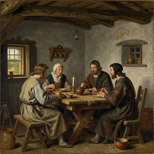Oil painting of five medieval men and a woman, seated around a wooden table with a lit candle, in a rustic, dimly-lit room.