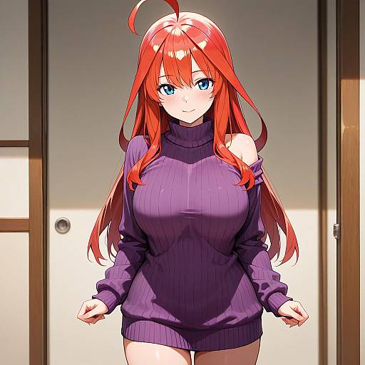 Digital anime-style drawing of a red-haired woman with blue eyes, wearing a purple off-shoulder sweater, standing in a doorway.