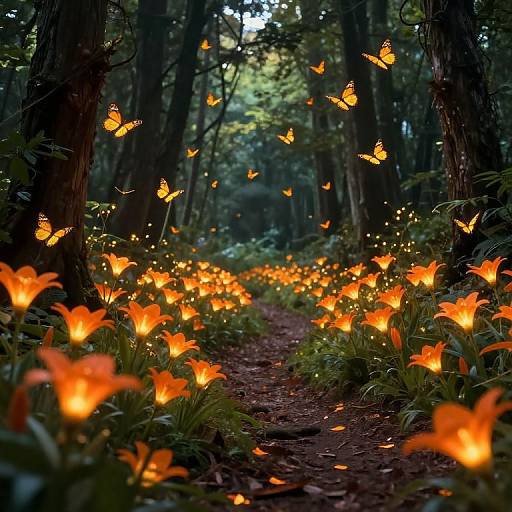 Photograph of enchanted forest path lined with glowing orange fireflies and illuminated flowers, surrounded by fluttering yellow butterflies, creating a magical, ethereal scene