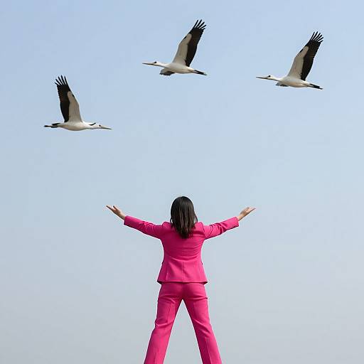 Woman in Pink with Soaring Cranes
