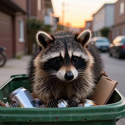 Photograph of a raccoon with striking black and white masked face, sitting in a green trash bin filled with aluminum cans, on a suburban street during