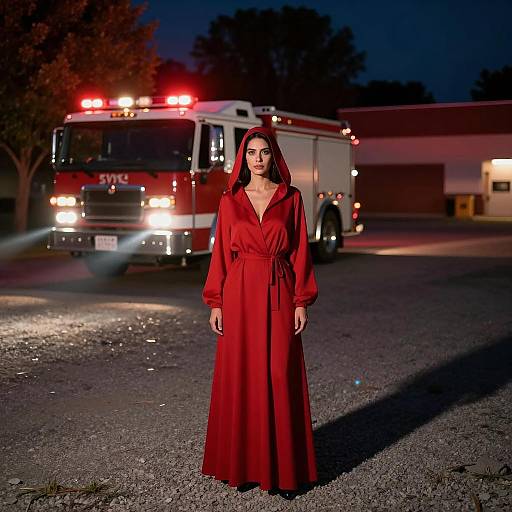 Mysterious Woman in Red Hooded Dress