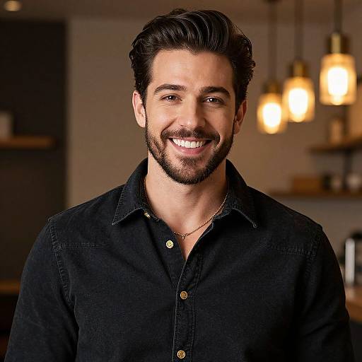 Photograph of a smiling, bearded man with dark hair, wearing a black button-up shirt, gold necklace, in a warmly lit, modern kitchen