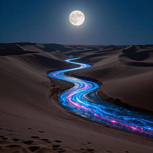 Digital artwork of a glowing blue and purple river winding through a dark desert landscape under a bright full moon.
