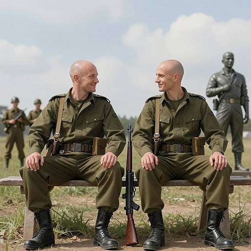 Bald Soldiers Sharing a Light Moment