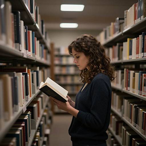 Photograph of a curly-haired woman in a black sweater reading a book in a dimly lit library aisle, surrounded by tall bookshelves.