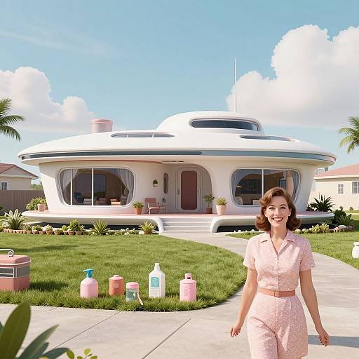Photorealistic CGI of a smiling brunette woman in a pink floral dress, standing in front of a futuristic, dome-shaped house with colorful cleaning supplies on