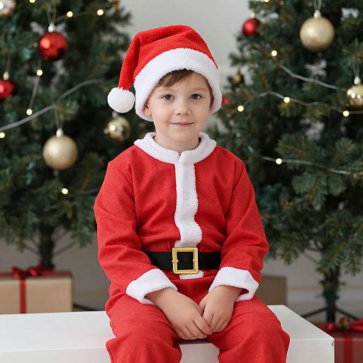 Photograph of a young boy in a red Santa suit with white trim, black belt, and Santa hat, sitting on a white box, in front