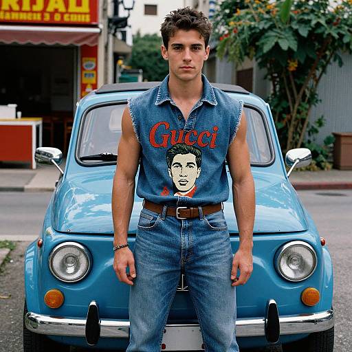 Photograph: Muscular man with short brown hair, sleeveless Gucci denim shirt featuring logo graphic, standing in front of a blue classic car,