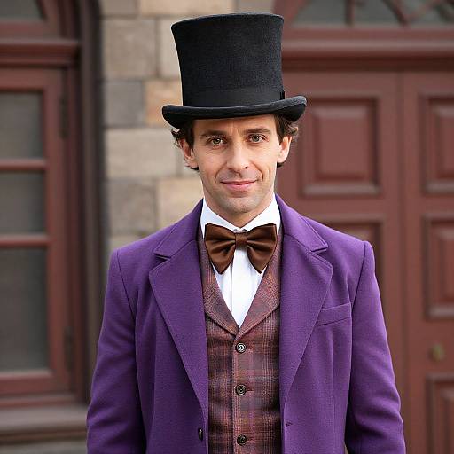 Photograph of a smiling man in a Victorian-style purple suit, brown plaid vest, brown bow tie, and black top hat, standing in front