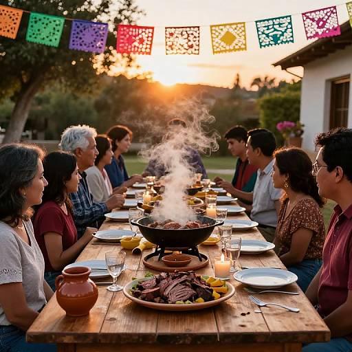 Photograph of a diverse group of people seated around a wooden table with a steaming barbecue, colorful Mexican paper banners overhead, at sunset.