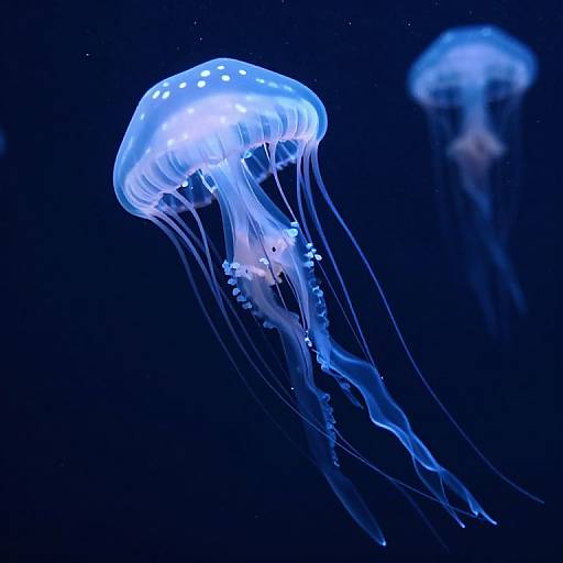 Photograph of a glowing blue jellyfish with translucent tentacles against a dark blue underwater background, another jellyfish slightly blurred in the background.