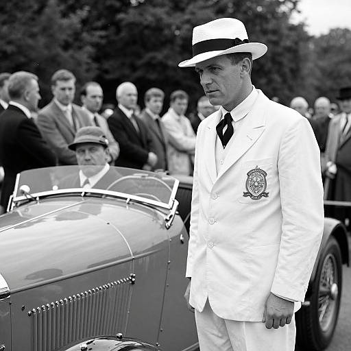 Black-and-white photograph of a man in a white suit and fedora standing beside a vintage convertible, with a crowd in formal attire in the background.