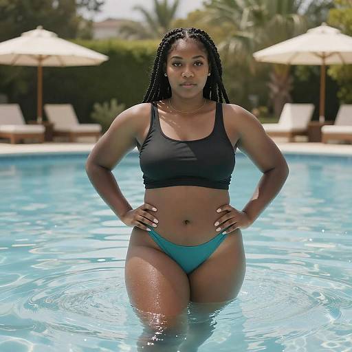 Curvy Black Woman in Sunlit Pool