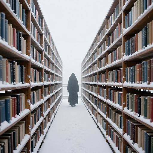 Photograph of a snow-covered library aisle with tall, wooden shelves filled with books on both sides, and a cloaked figure walking down the center.
