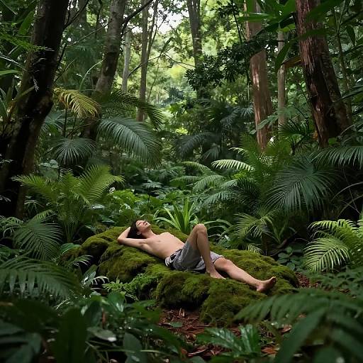 Photograph of a shirtless man with light skin and short brown hair, lying on green moss in a dense, lush forest, surrounded by ferns