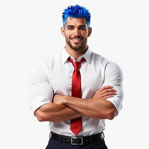 Photograph of a confident, blue-haired man with a beard, white shirt, red tie, and black pants, smiling with arms crossed. White background