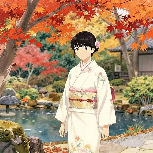 Digital anime-style drawing of a young woman in a white floral kimono, with black hair and pink flower, standing under autumn-red leaves, in front