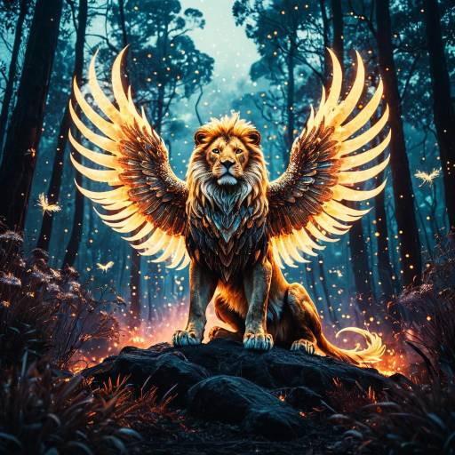 Majestic Lion with Glowing Wings in Mystical Forest