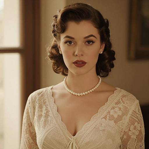 Photograph of a fair-skinned woman with vintage 1940s hairstyle, wearing a lace white dress, pearl necklace, and dark red lipstick,