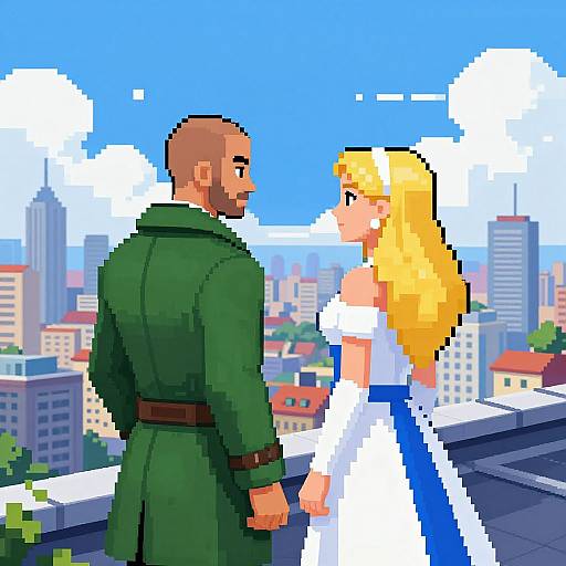 Pixel Art Rooftop City Scene