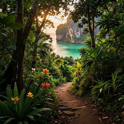 Photograph of a lush, tropical forest path leading to a turquoise lake with sunlit cliffs in the background. Vibrant flowers and dense greenery frame