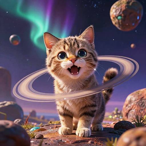 Whimsical Alien Cat on Saturn