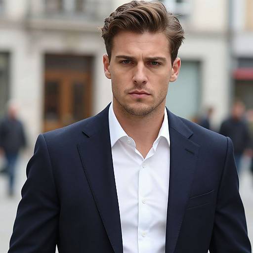Photograph of a handsome, serious-faced, brown-haired man in a black suit and white shirt, standing in a blurred urban street.