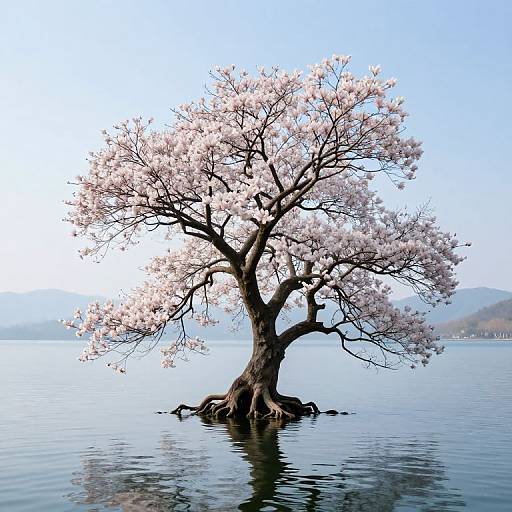 Photograph of a solitary cherry tree with pink blossoms standing in calm, reflective water, with distant misty mountains in the background.