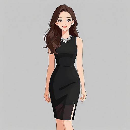 Digital anime-style drawing of a smiling woman with long brown hair, wearing a black sleeveless dress and a silver necklace, set against a light blue background