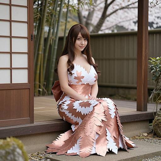 Photograph of an Asian woman with long brown hair, wearing a brown and white leaf-patterned dress, seated outside a traditional wooden door.