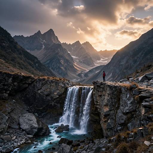Photograph of a lone hiker in red standing on a rocky cliff overlooking a cascading waterfall, with rugged mountains and a dramatic sunset sky in the