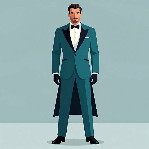 Digital illustration of a tall, handsome man in a teal tuxedo with a black bow tie, white shirt, black gloves, and black shoes,