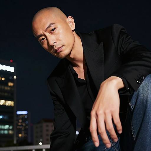 Photograph of a bald, Asian man with light skin, wearing a black blazer and jeans, leaning forward against a night cityscape backdrop.