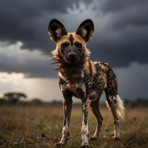 African Wild Dog in Stormy Grassland