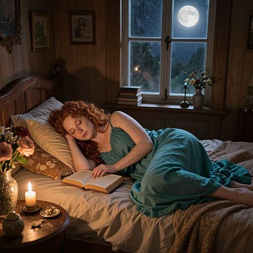 Photograph of a red-haired woman in a green dress, asleep on a bed with candles, book, moonlit window, and flowers.