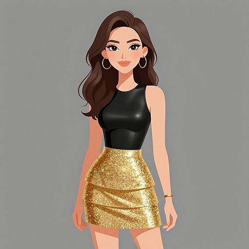 Digital illustration of a stylish woman with long brown hair, black sleeveless top, and sparkling gold mini skirt, wearing hoop earrings and a bracelet, against