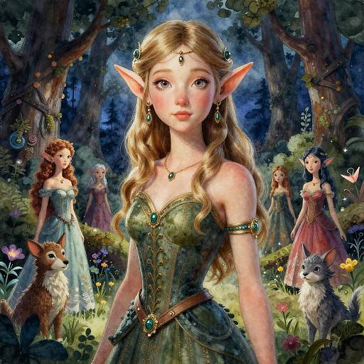 Digital fantasy artwork of a blonde elf woman with pointed ears, green dress, and jewels, surrounded by other elves, a fox, and flowers in a