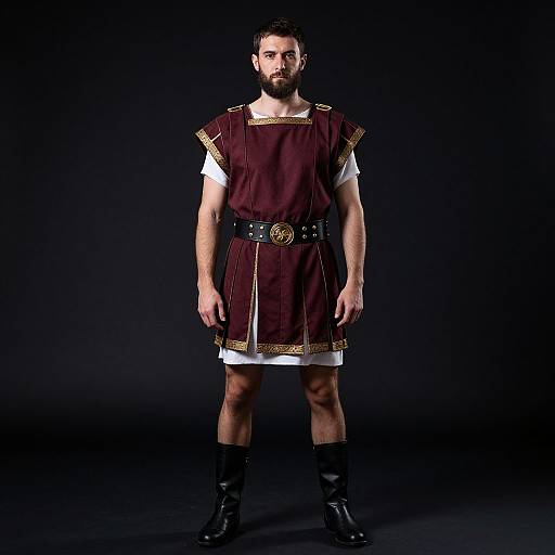 Photograph of a bearded man in a maroon Roman-style tunic with gold trim, black belt, white shirt, black boots, against a