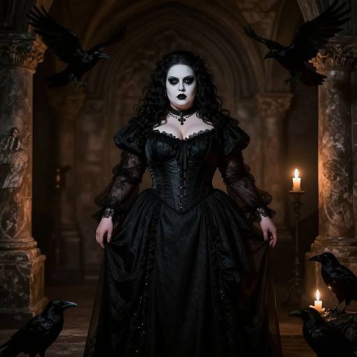Gothic photograph of a pale woman in black lace dress, white face paint, dark lipstick, standing in dimly lit, arched stone room
