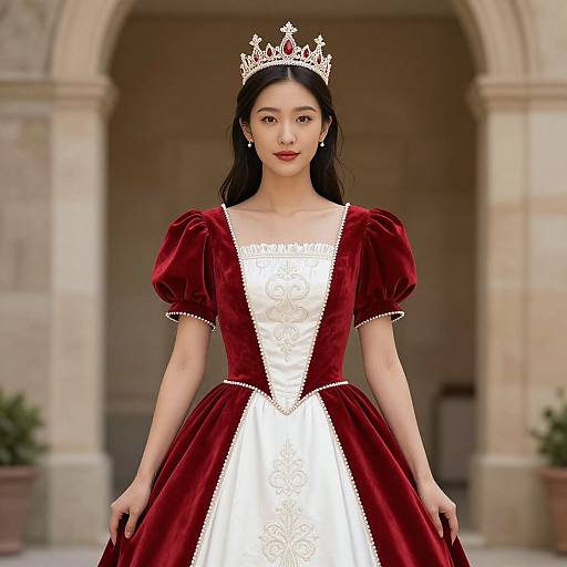Photograph of an Asian woman with long black hair, wearing a red velvet and white lace princess dress with puffed sleeves, a silver crown, standing