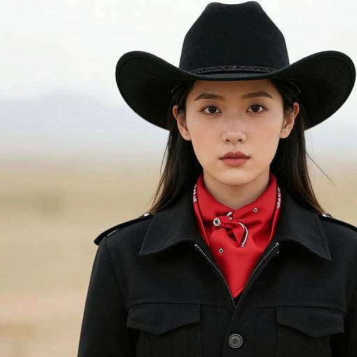 Cowgirl in Black Outfit with Red Scarf