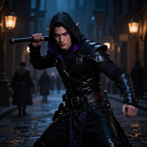 Digital CGI of a dark elf warrior with purple eyes, black leather armor, and a hood, holding a bat, in a misty, blue-l