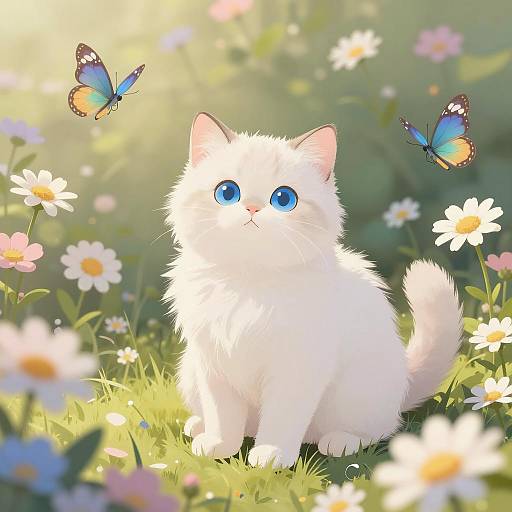 Fluffy White Kitten in Flower Garden