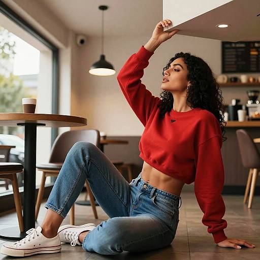 Woman Sitting on Floor in Coffee Shop