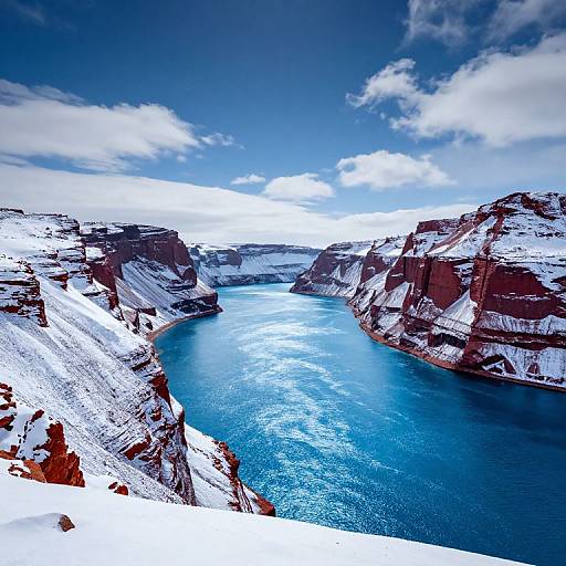 Photograph of a vivid, snow-covered fjord with bright blue, reflective water, surrounded by steep, red and brown cliffs under a clear, blue