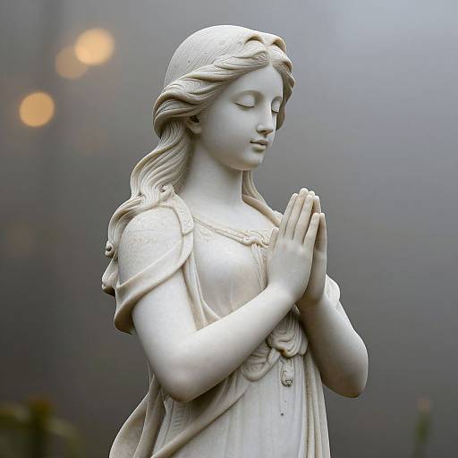 Photograph of a white marble statue of a serene young woman with closed eyes, hands in prayer, wearing a draped, classical-style dress, set against
